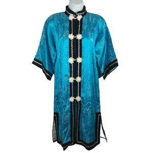 Vintage 80s JOLI Blue Satin Chinoiserie Kimono Duster Jacket Dress